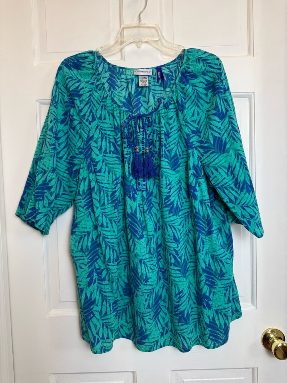 Catherines Teal & Blue Leaf-Print Peasant Top Cotton Size 1XWP Women’s Petite